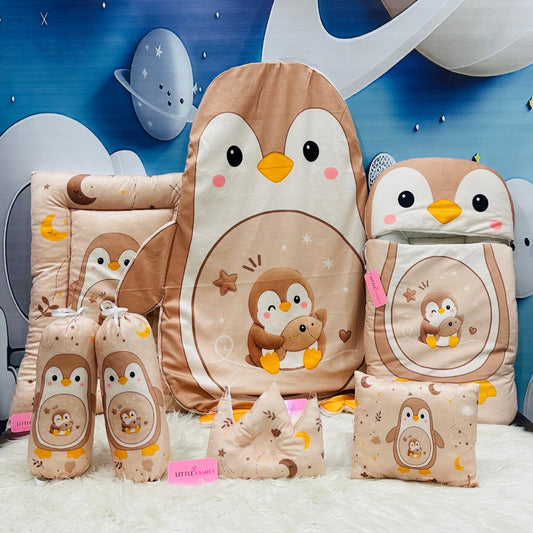 Premium 7-Piece Penguin Velvet Baby Bedding Set - Brown