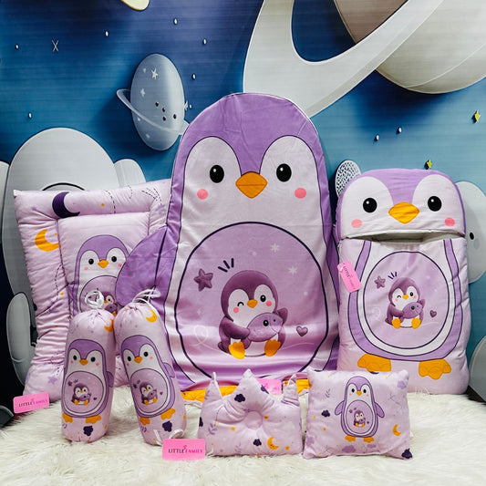 Premium 7-Piece Penguin Velvet Baby Bedding Set - Purple