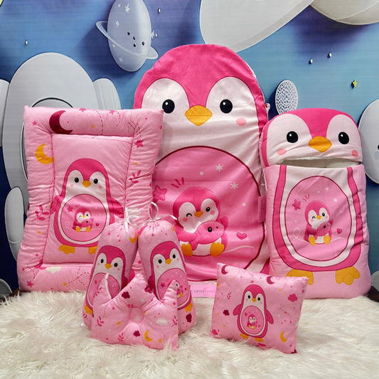 Premium 7-Piece Penguin Velvet Baby Bedding Set - Pink