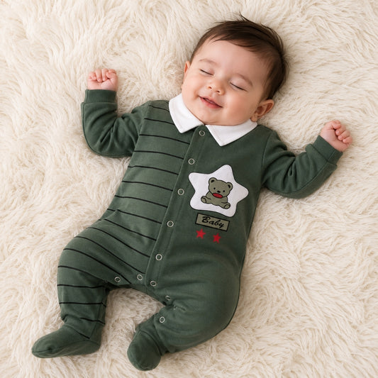 Premium Baby Full Body Romper - Star Bear Theme | Green