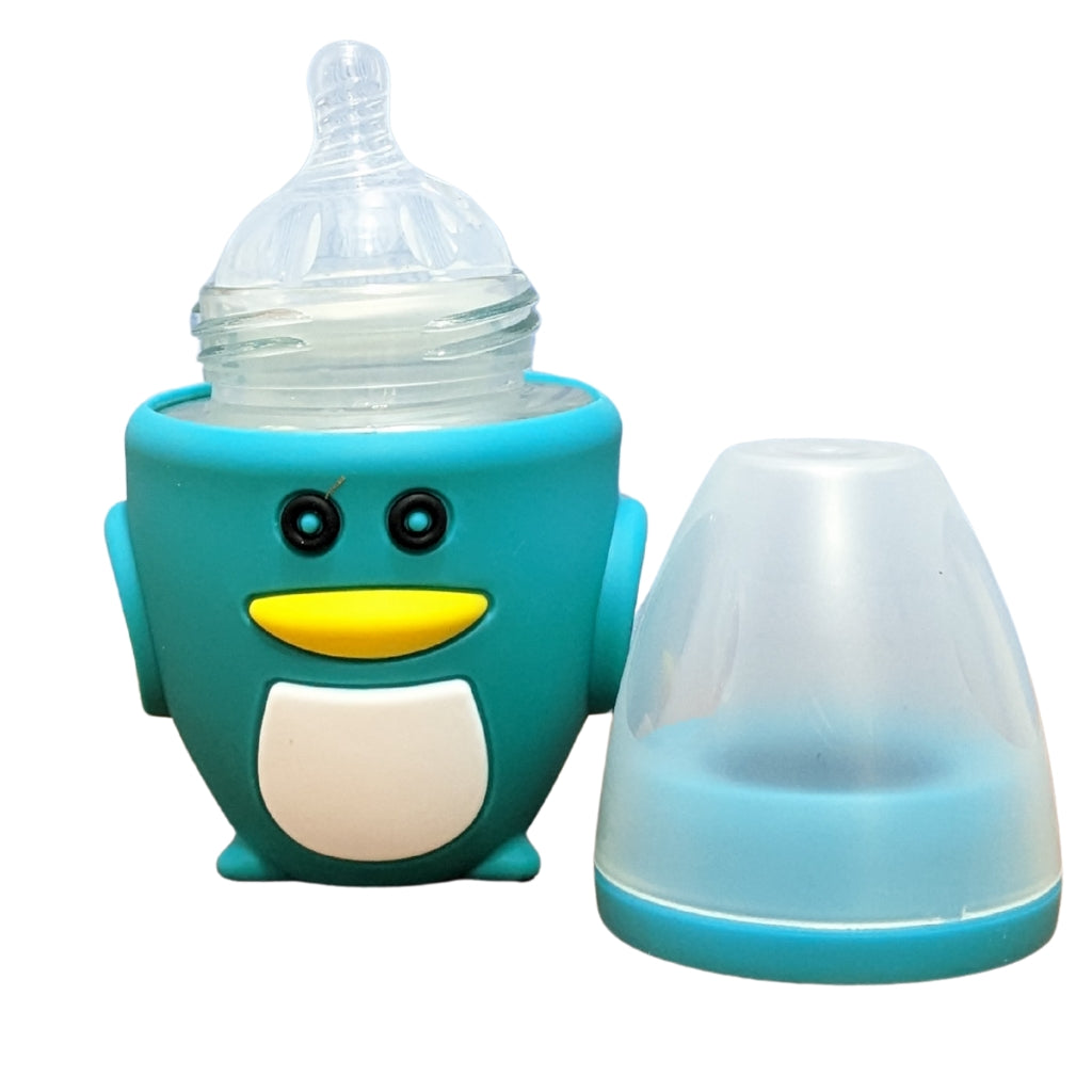 Penguin Glass Baby Feeder with Shockproof Silicone Sleeve - 120ML