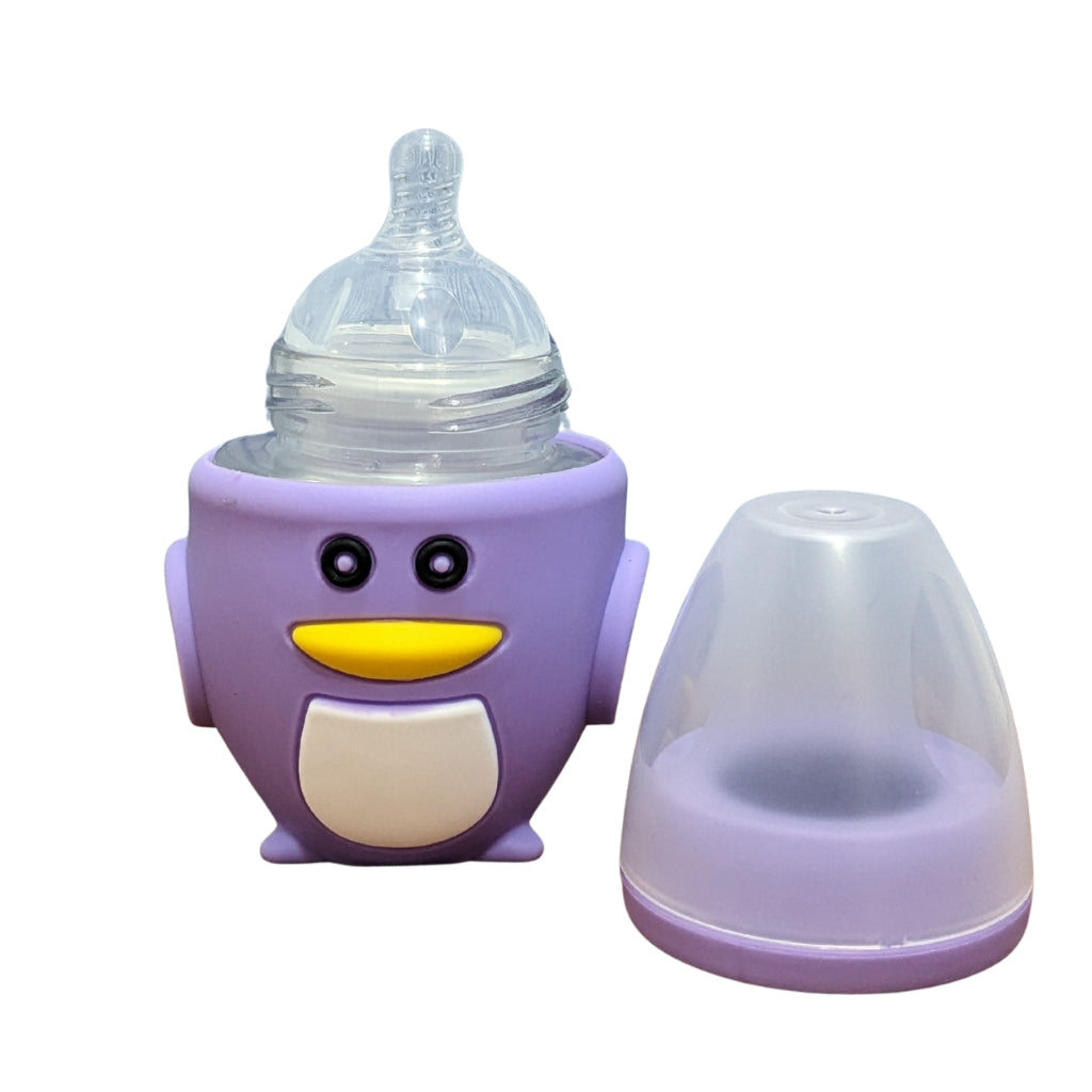 Penguin Glass Baby Feeder with Shockproof Silicone Sleeve - 120ML