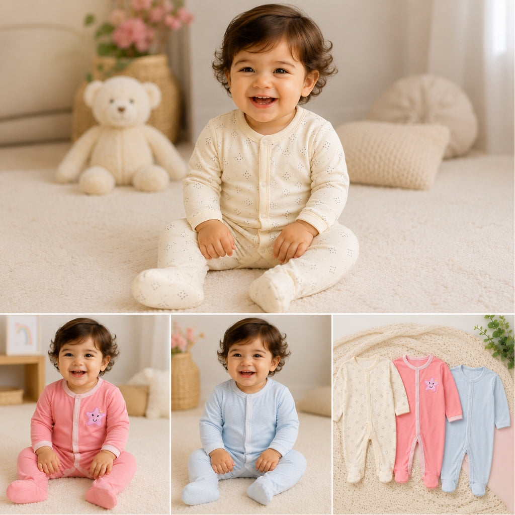 Winter Sleepsuit Set – Pack of 3 Soft Baby Bodysuits