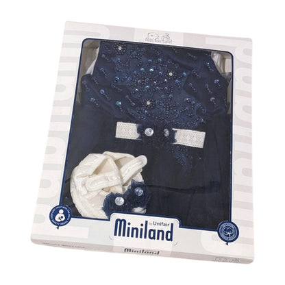 Baby Girl Navy Blue Frock Set – 3-Piece Elegant Lace & Pearl