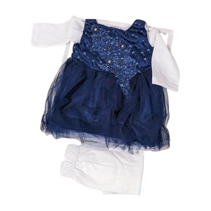 Baby Girl Navy Blue Frock Set – 3-Piece Elegant Lace & Pearl