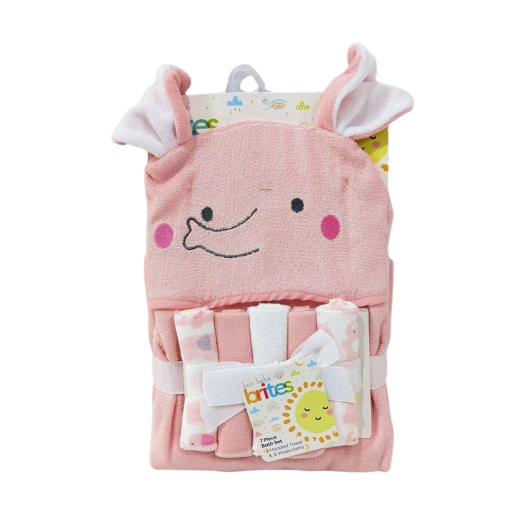 7 Piece Hooded Bath Set - Pink Elephant