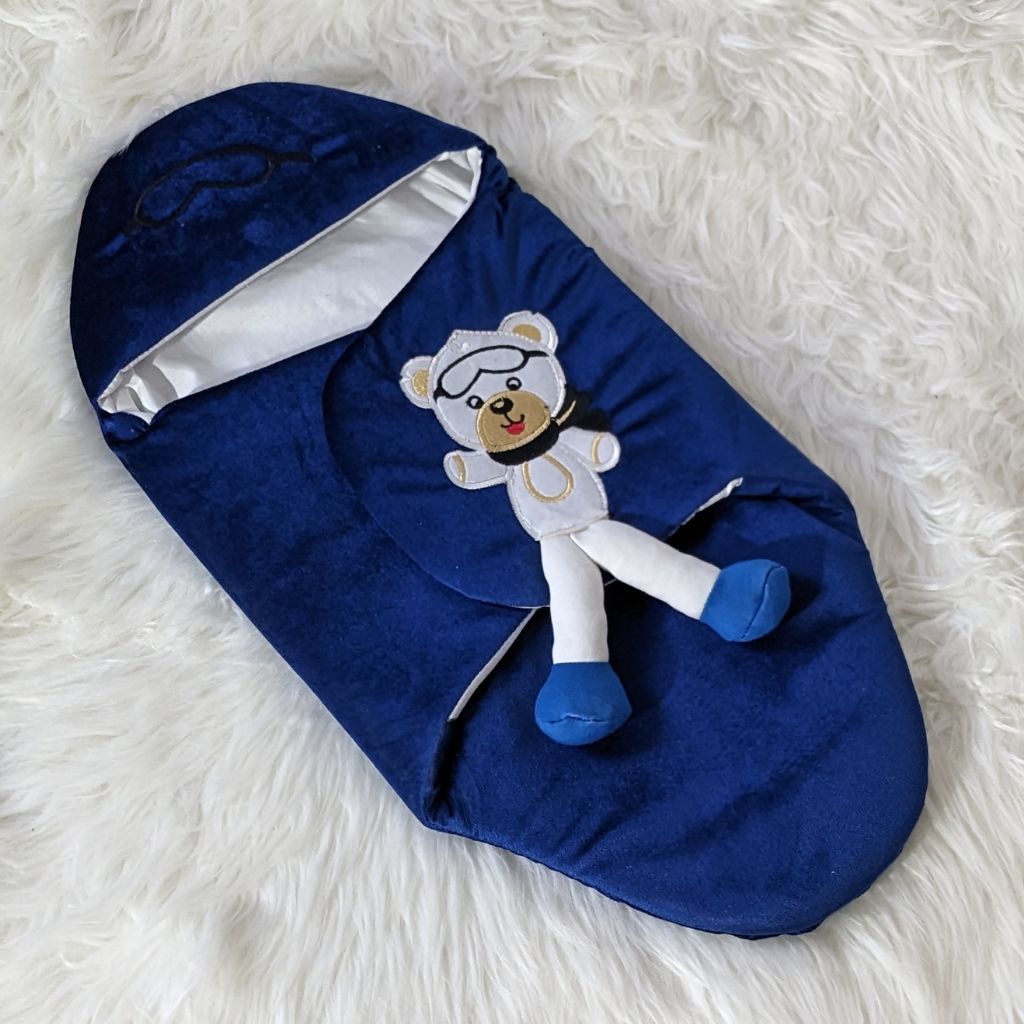 Velvet Bear Embroidered Swaadle - Blue