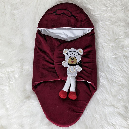 Velvet Bear Embroidered Swaadle - Maroon