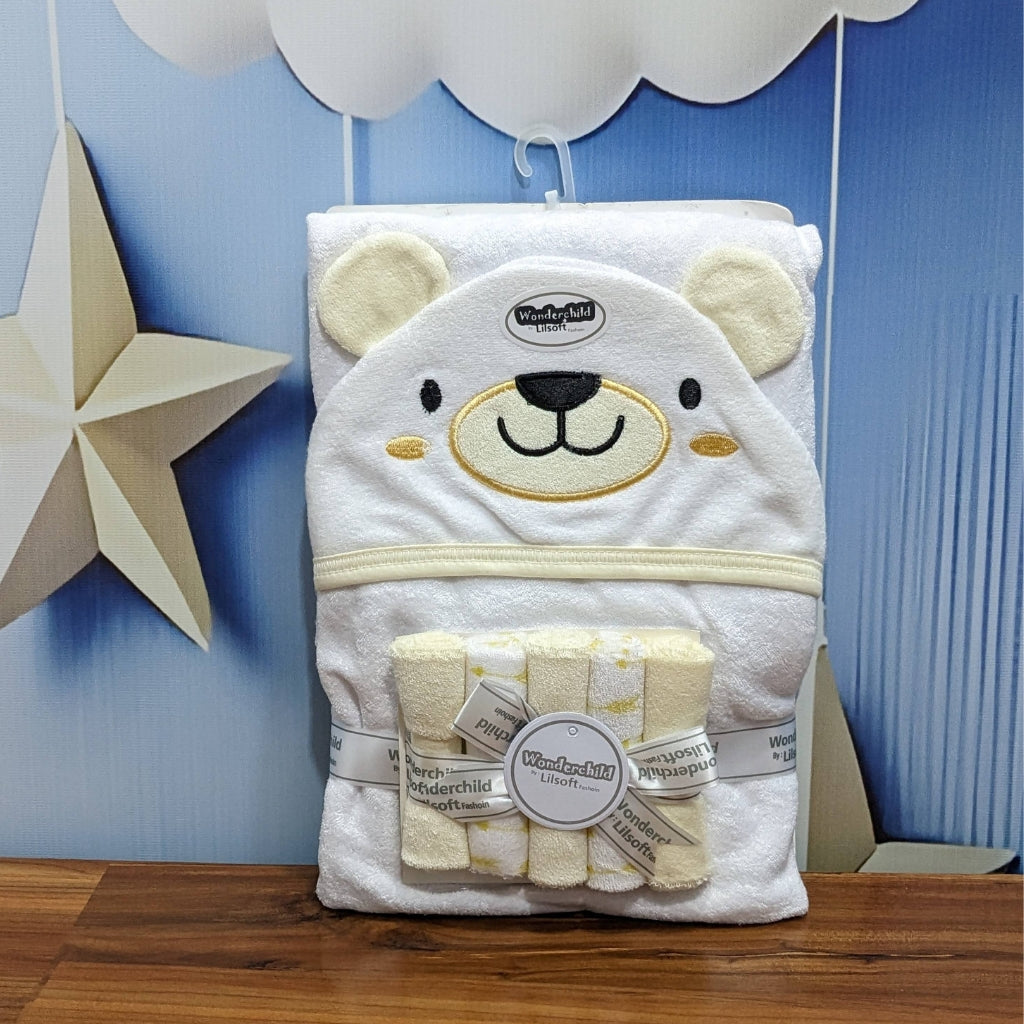 White Yellow-Bear Hooded Towel Set – Soft Cotton for Babies