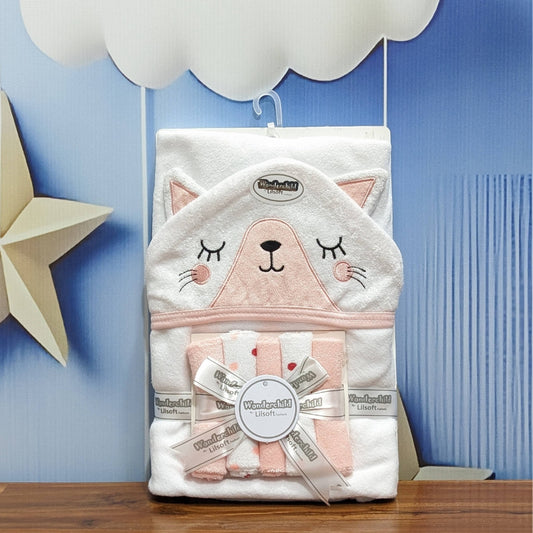White Kitten Hooded Towel Set – Soft Cotton for Babies