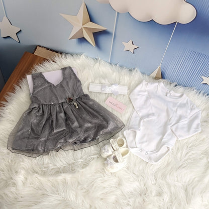 F-1450 Grey 5-Piece Newborn Frock Set