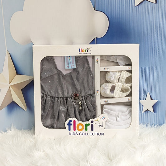 F-1450 Grey 5-Piece Newborn Frock Set