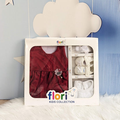 F-1450 Deep Red 5-Piece Newborn Frock Set