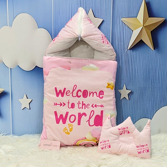 Velvet Newborn Carry Nest – Pink | “Welcome to the World” Edition