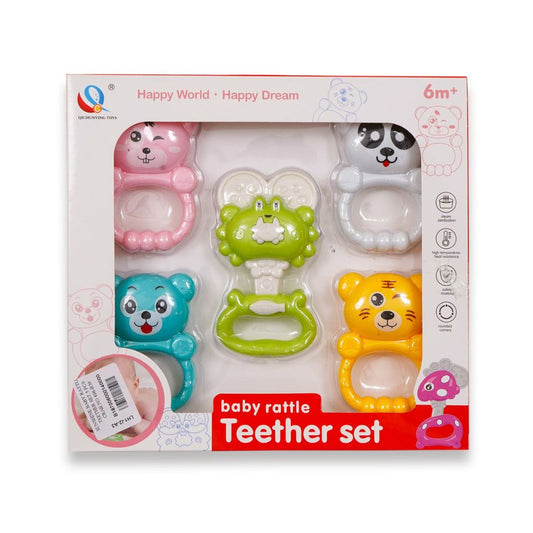 5-Piece Baby Rattle & Teether Set – Colorful Animal Designs for Sensory & Oral Care