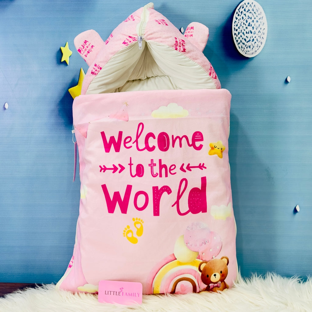 Premium 7-Piece Velvet Baby Bedding Set | "Welcome to the World - Pink