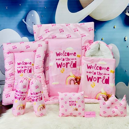 Premium 7-Piece Velvet Baby Bedding Set | "Welcome to the World - Pink