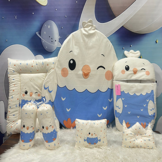 Premium 7-Piece Egg Chick Velvet Baby Bedding Set - Blue