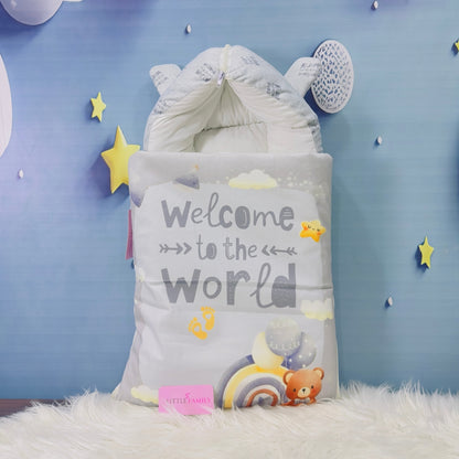 Premium 7-Piece Velvet Baby Bedding Set | "Welcome to the World - Gray