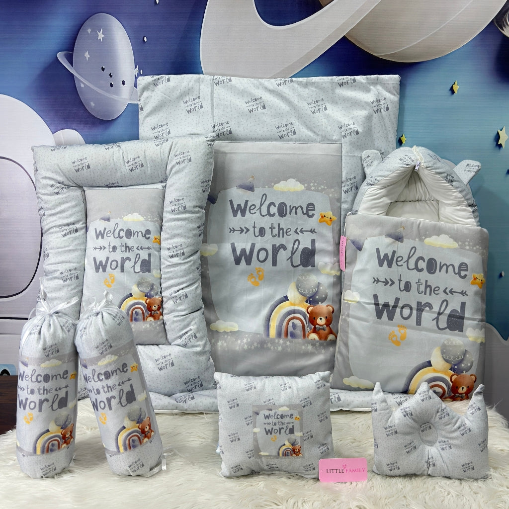 Premium 7-Piece Velvet Baby Bedding Set | "Welcome to the World - Gray