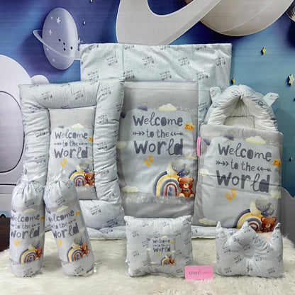 Premium 7-Piece Velvet Baby Bedding Set | "Welcome to the World - Gray
