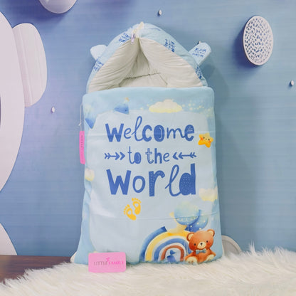 Premium 7-Piece Velvet Baby Bedding Set | "Welcome to the World - Blue