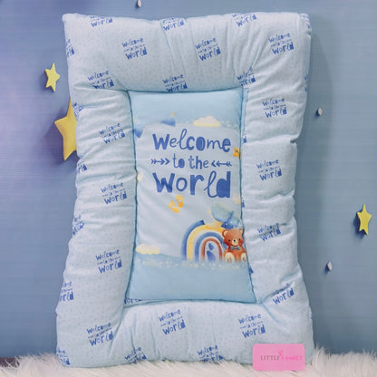 Premium 7-Piece Velvet Baby Bedding Set | "Welcome to the World - Blue