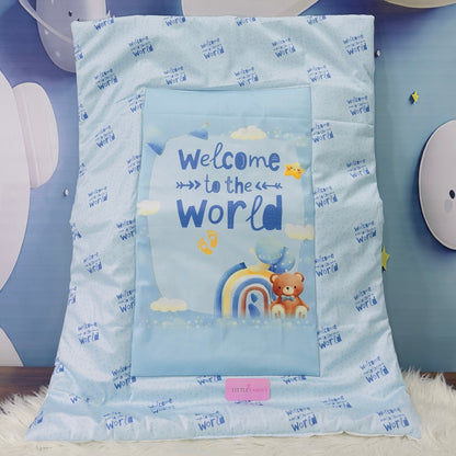 Premium 7-Piece Velvet Baby Bedding Set | "Welcome to the World - Blue