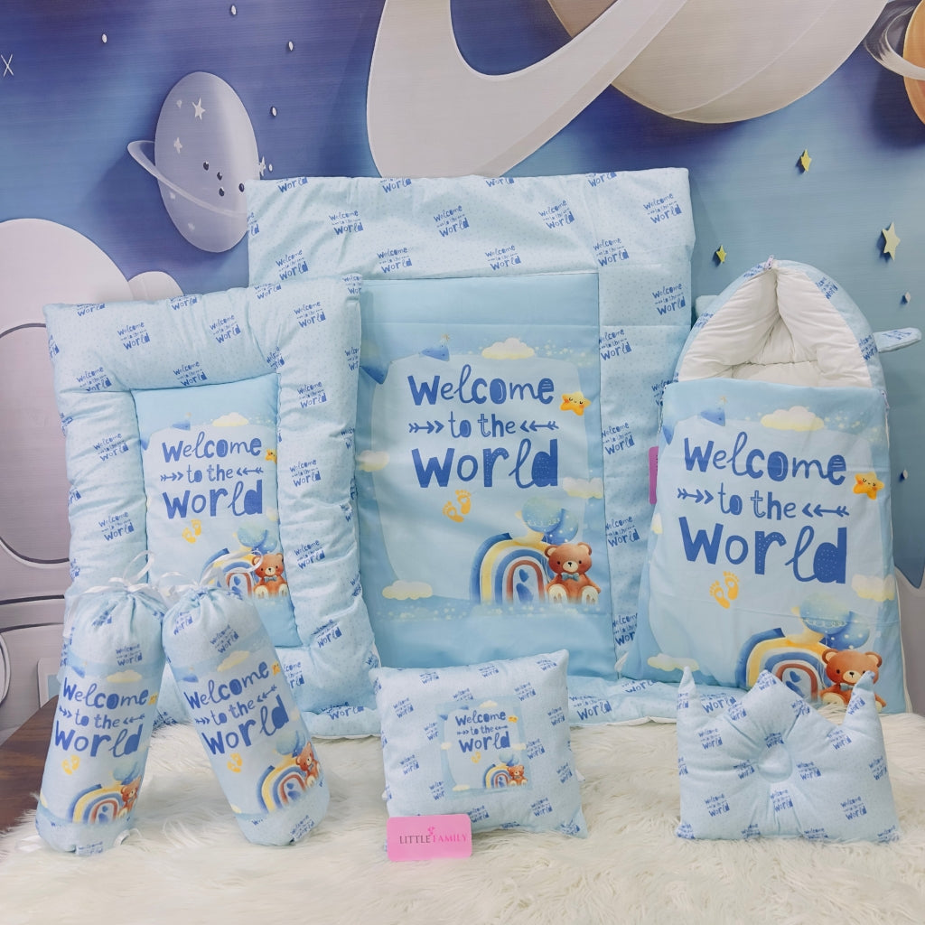 Premium 7-Piece Velvet Baby Bedding Set | "Welcome to the World - Blue