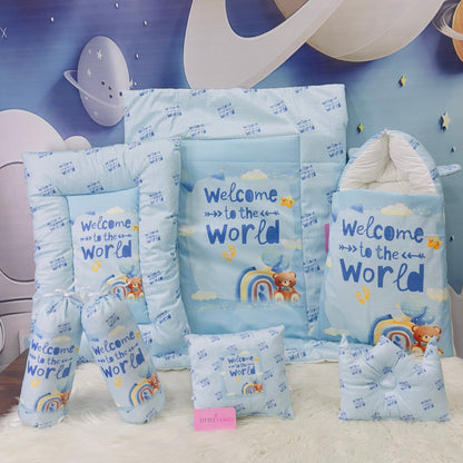 Premium 7-Piece Velvet Baby Bedding Set | "Welcome to the World - Blue