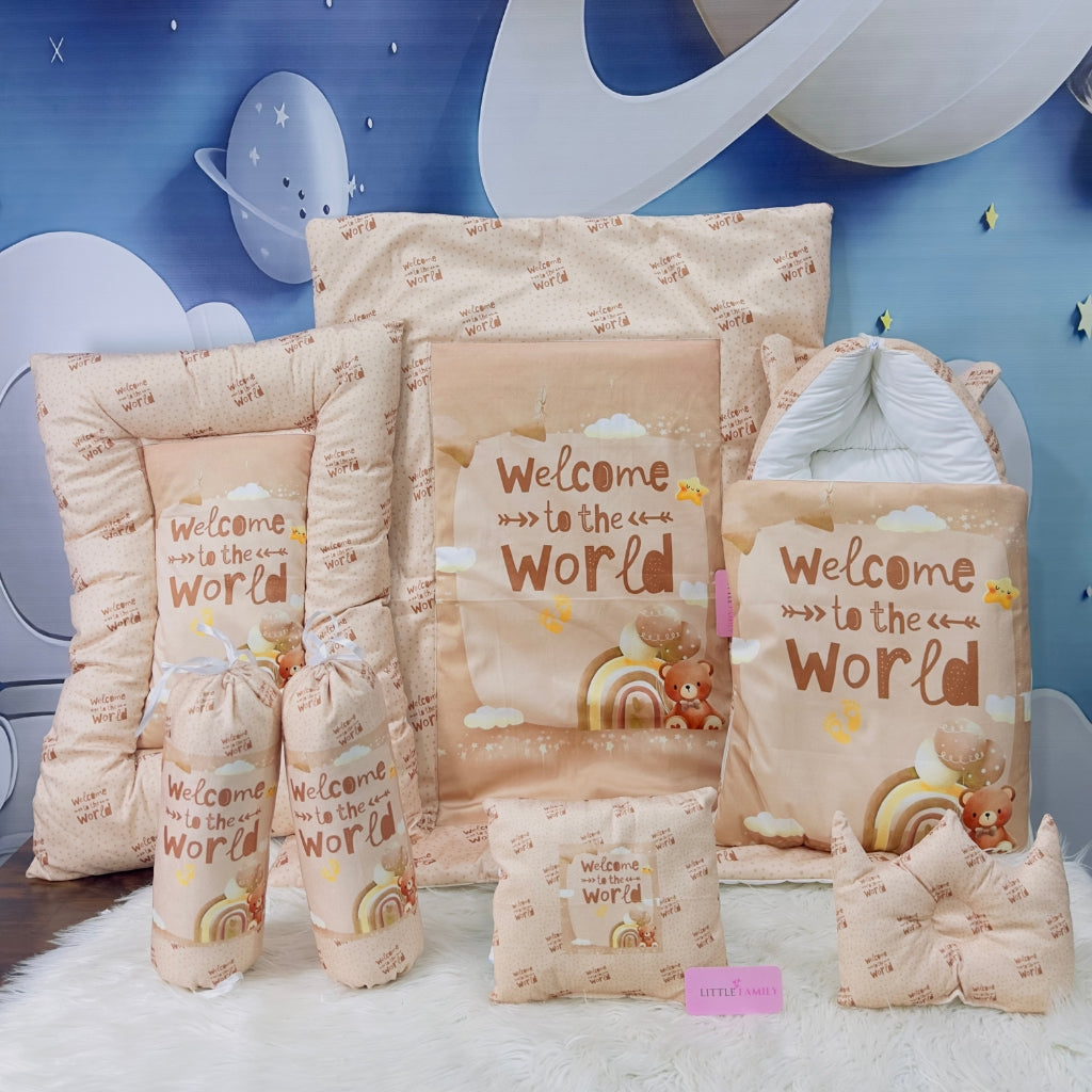Premium 7-Piece Velvet Baby Bedding Set | "Welcome to the World - Brown