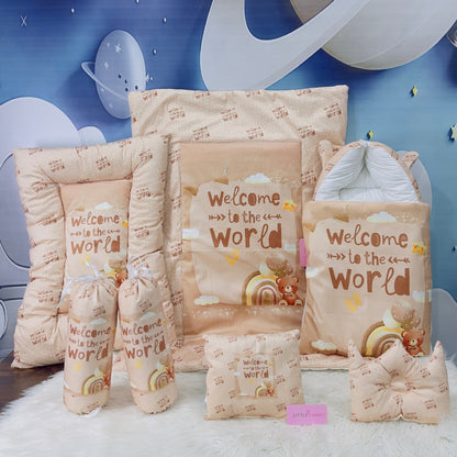 Premium 7-Piece Velvet Baby Bedding Set | "Welcome to the World - Brown