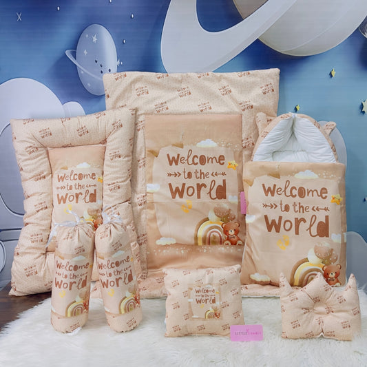 Premium 7-Piece Velvet Baby Bedding Set | "Welcome to the World - Brown