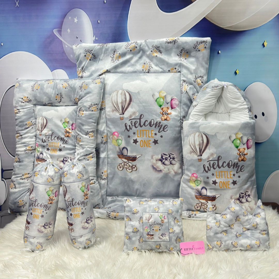 Premium 7-Piece Velvet Baby Bedding Set | "Welcome Little One" Edition - Grey