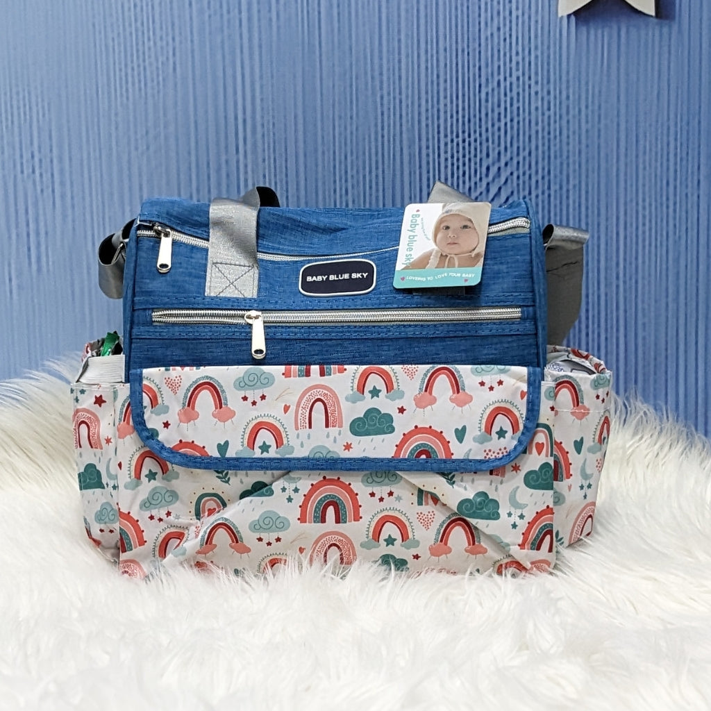 Premium Multi-Pocket Baby Diaper Bag – Rainbow Print (Blue)