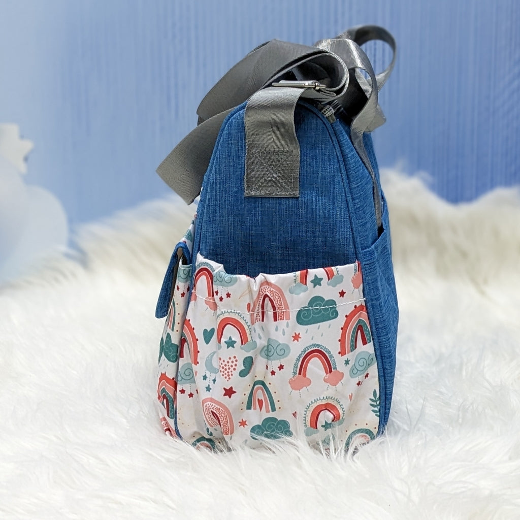Premium Multi-Pocket Baby Diaper Bag – Rainbow Print (Blue)
