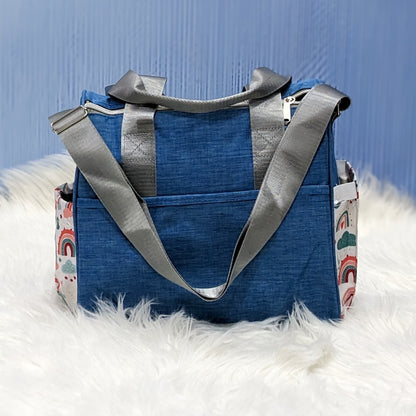 Premium Multi-Pocket Baby Diaper Bag – Rainbow Print (Blue)