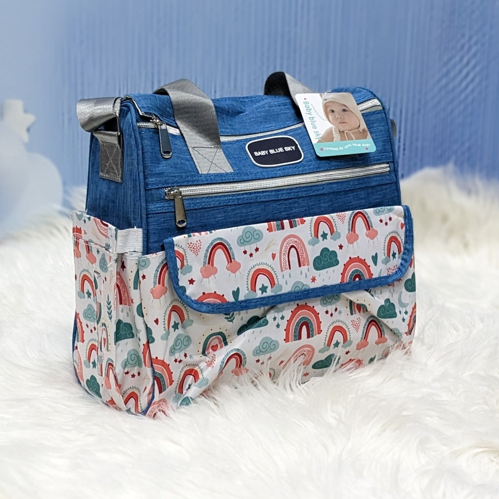 Premium Multi-Pocket Baby Diaper Bag – Rainbow Print (Blue)