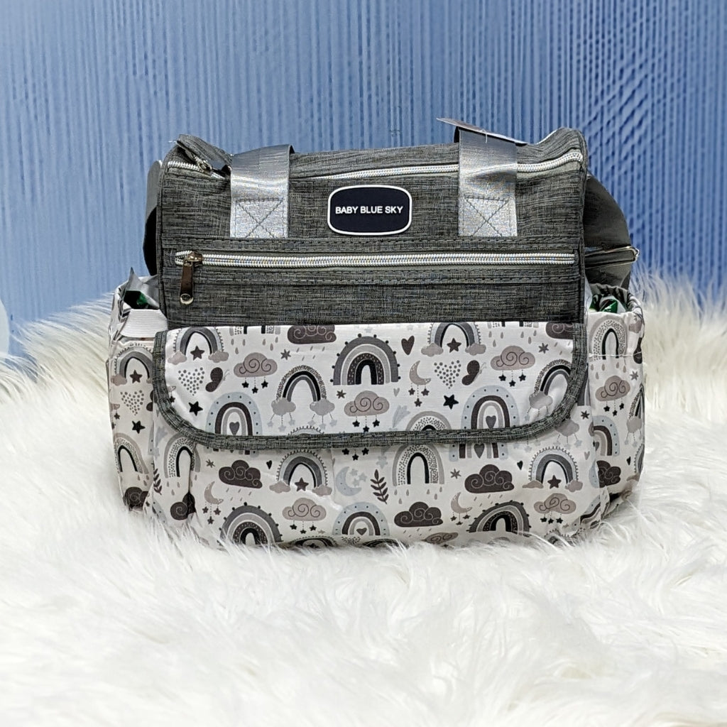 Premium Multi-Pocket Baby Diaper Bag – Rainbow Print (Grey)
