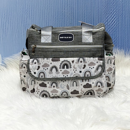Premium Multi-Pocket Baby Diaper Bag – Rainbow Print (Grey)