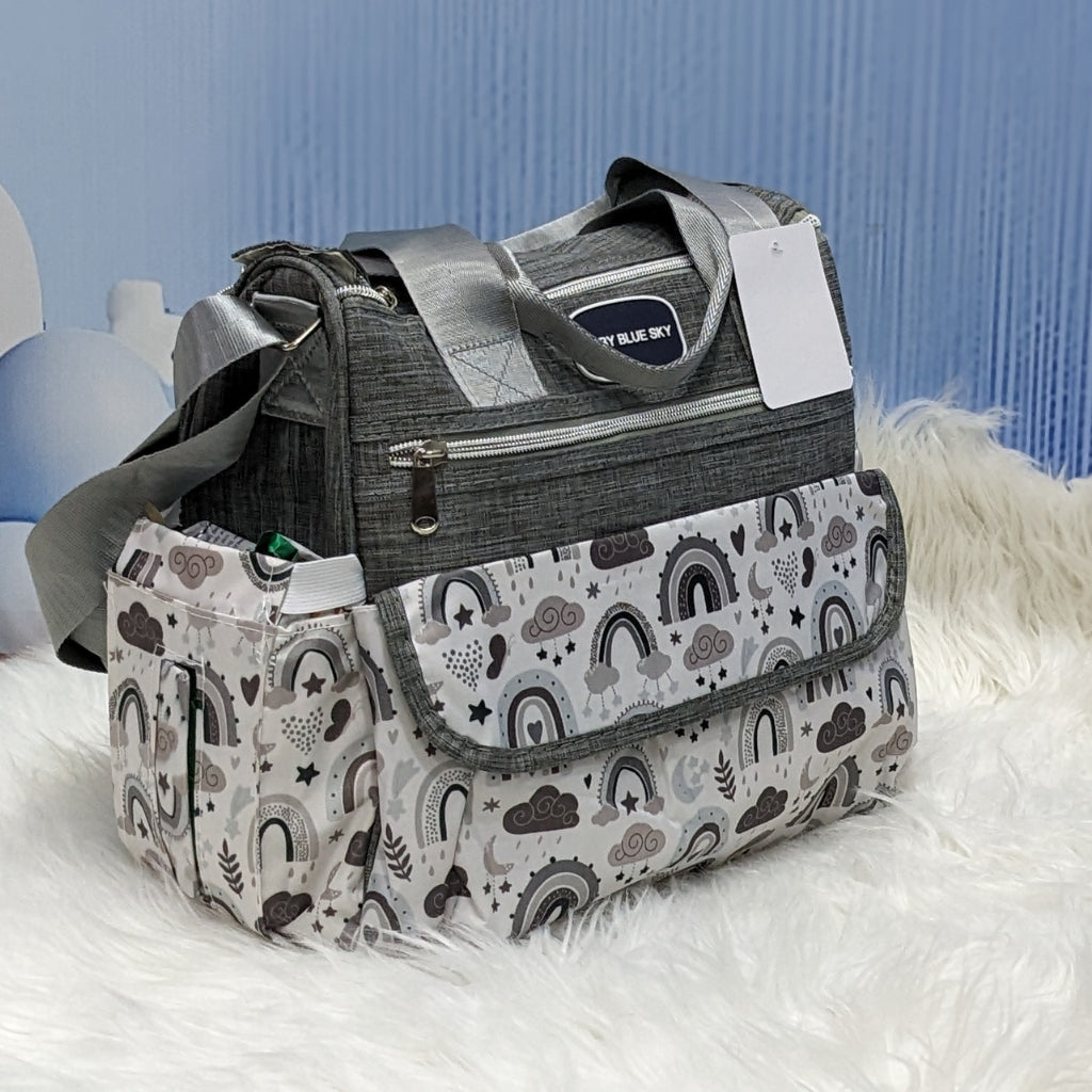 Premium Multi-Pocket Baby Diaper Bag – Rainbow Print (Grey)
