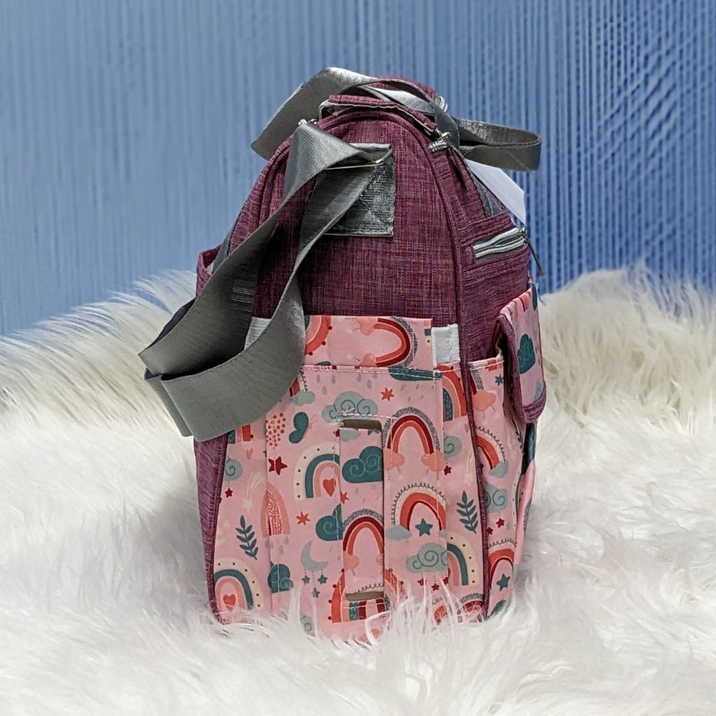 Premium Multi-Pocket Baby Diaper Bag – Rainbow Print (Maroon)