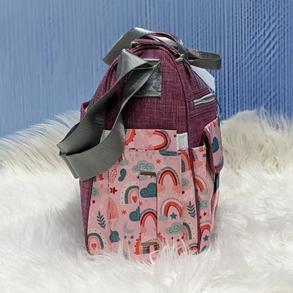 Premium Multi-Pocket Baby Diaper Bag – Rainbow Print (Maroon)