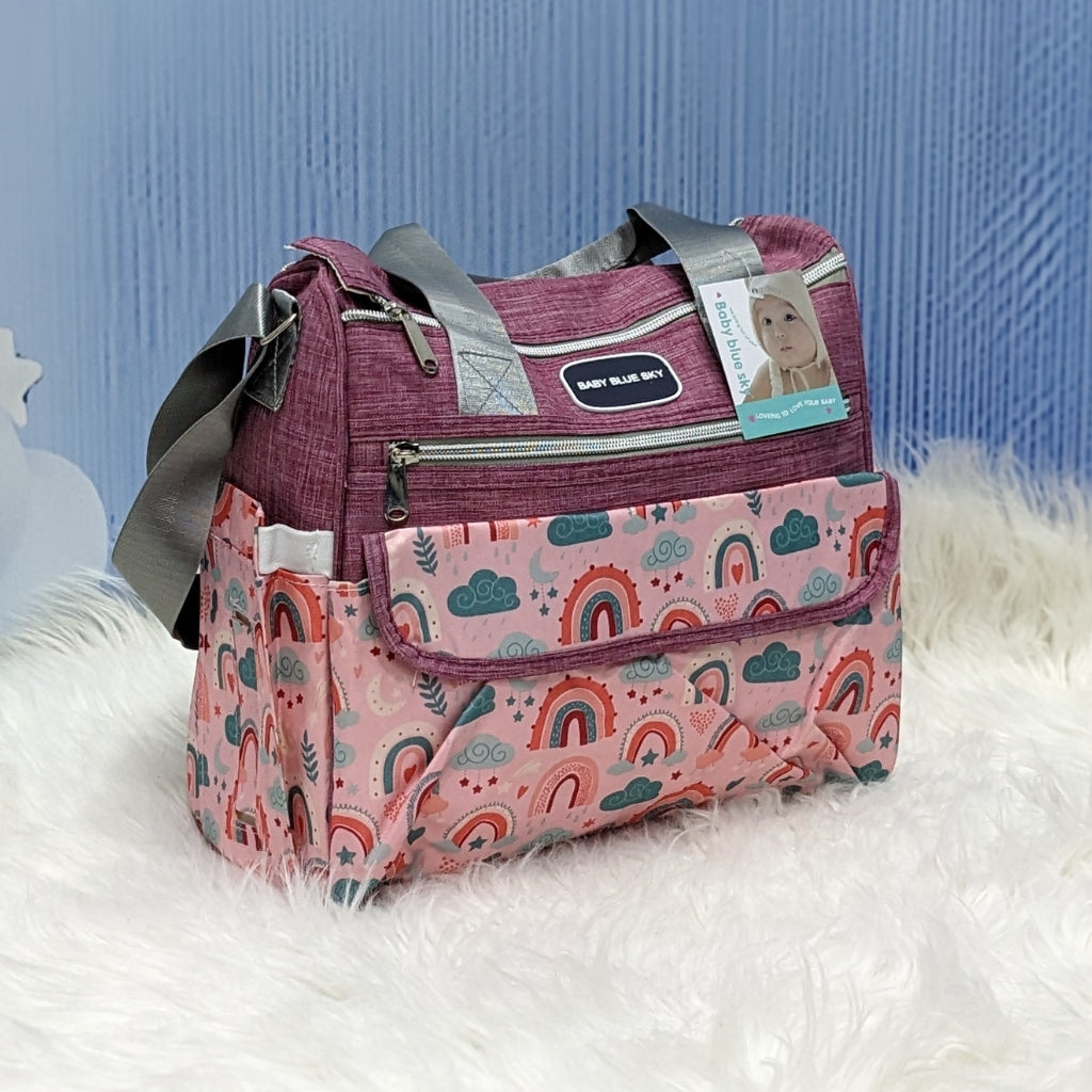 Premium Multi-Pocket Baby Diaper Bag – Rainbow Print (Maroon)
