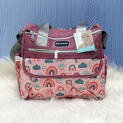 Premium Multi-Pocket Baby Diaper Bag – Rainbow Print (Maroon)