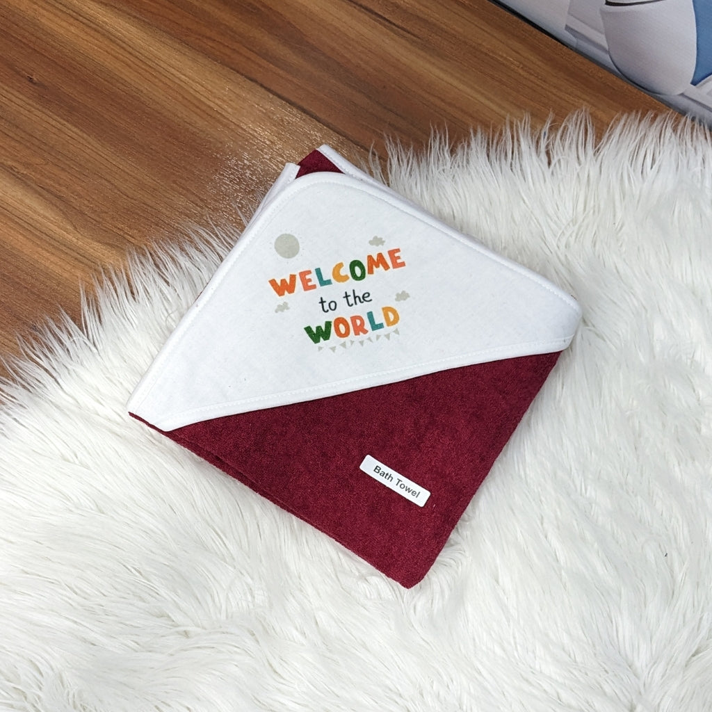 Premium Baby Bath Towel with Hood | “Welcome to the World” - Red