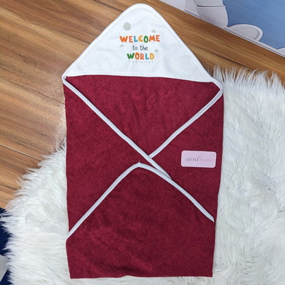 Premium Baby Bath Towel with Hood | “Welcome to the World” - Red