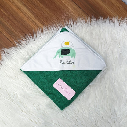 Premium Baby Bath Towel with Hood | “Hello Elephant” - Green