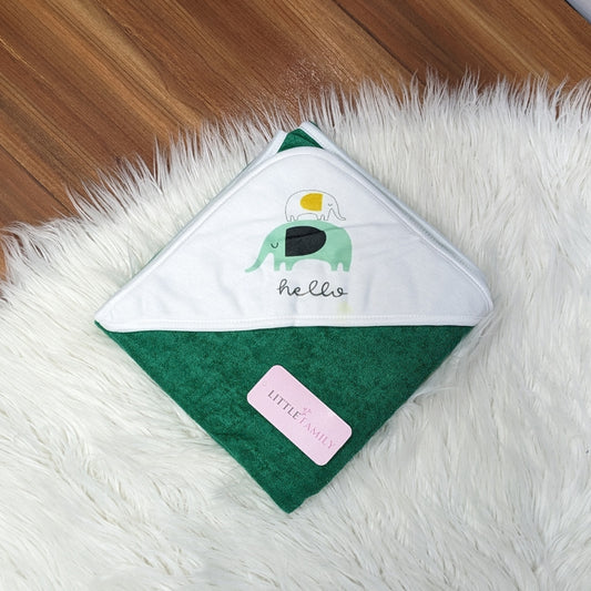 Premium Baby Bath Towel with Hood | “Hello Elephant” - Green