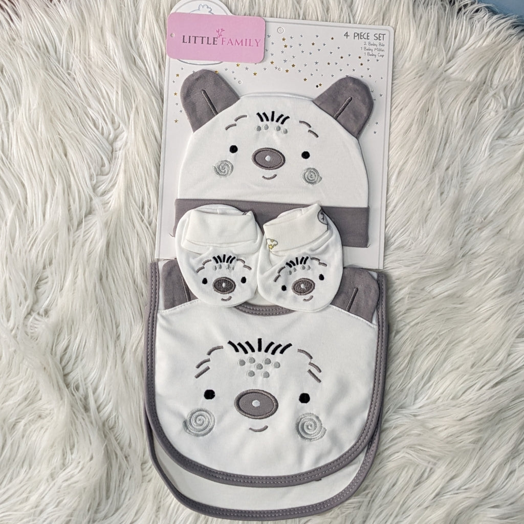 4-Piece Newborn Baby Gift Set – Cotton Bib, Mittens & Cap (Bear Design)